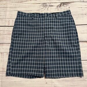 Greg Norman Navy Blue Plaid Flat Front Golf Casual Shorts Men's Size 36x9